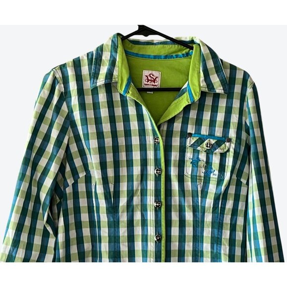 Spieth & Wensky Women's Size 42 Teal Lime Green White Plaid V-Neck Shirt - Picture 2 of 6